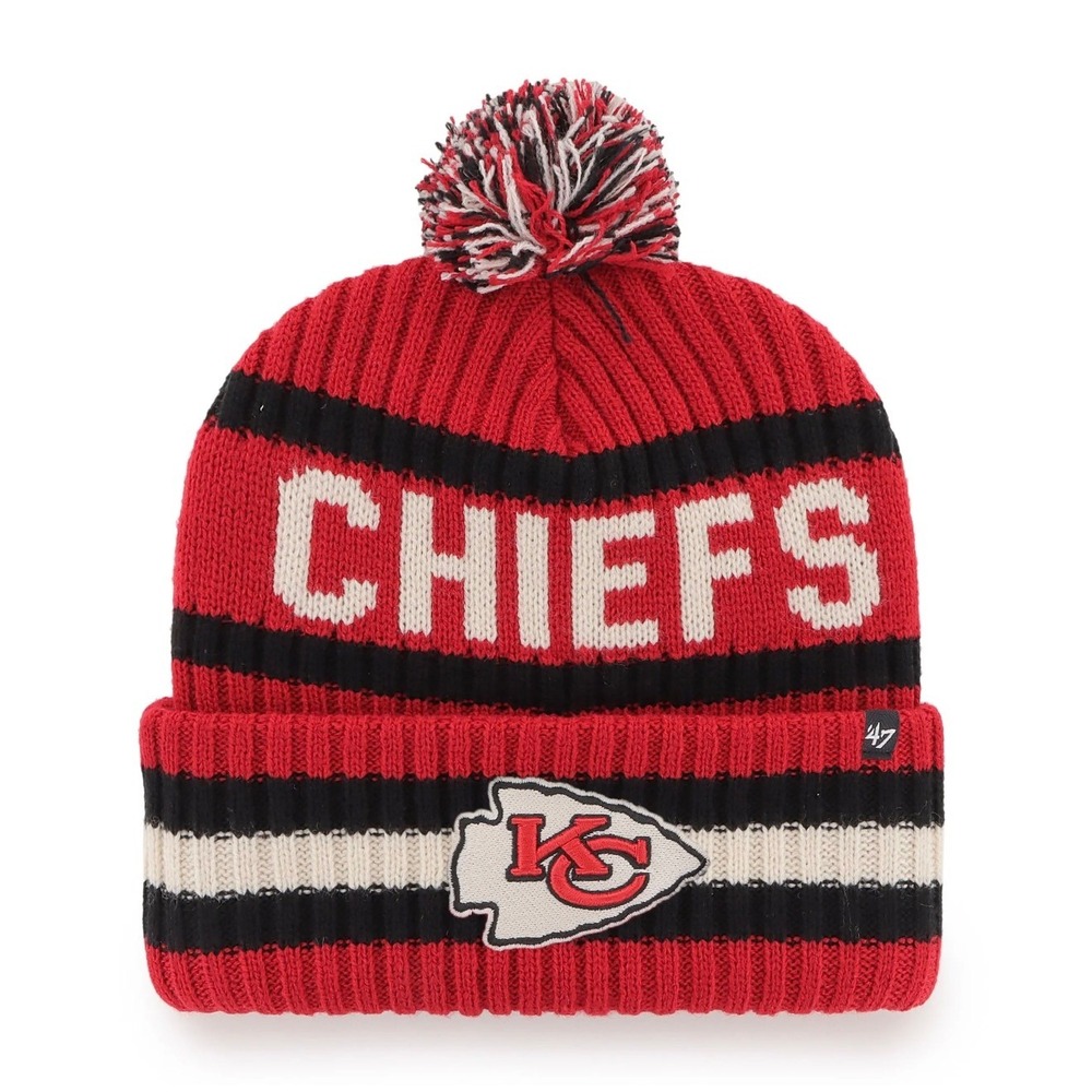 Kansas City Chiefs 47 Brand Bering Cuff Knit Beanie Hat Red Black Pom NFL OSF
